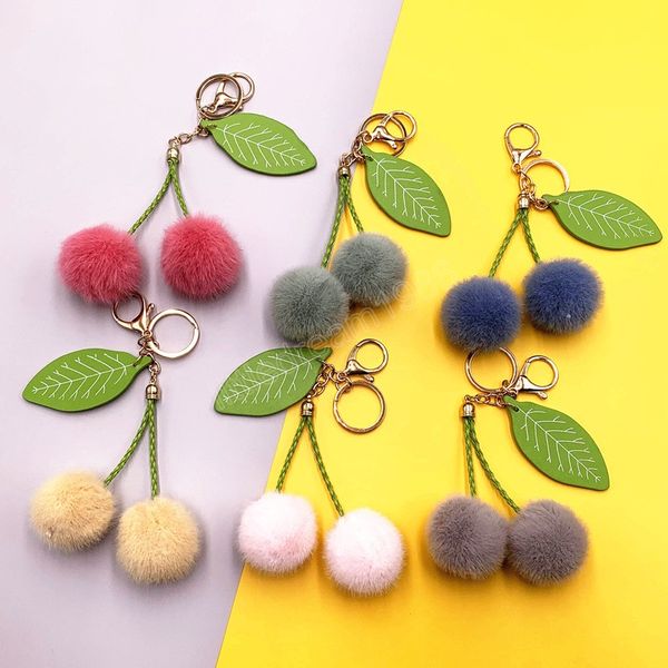 

fashion cherry key chain rings fluffy artificial rabbit fur ball pompom leaf keychain charm bag car keyring holder pendant gift, Slivery;golden