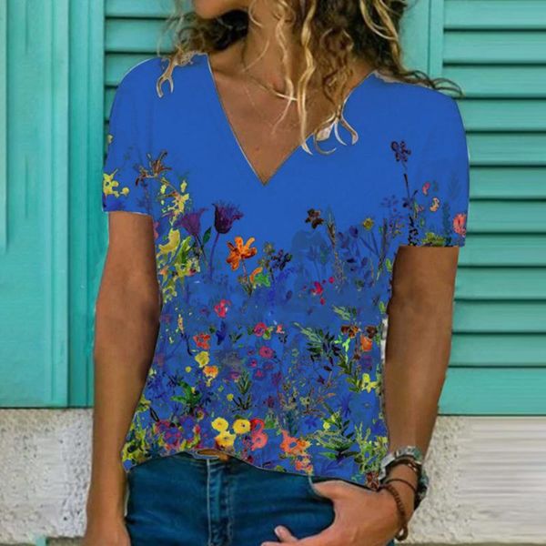 

women's t-shirt summer women v neck slim short sleeve temperament commuter floral print pullover all-match lady t shirt, White