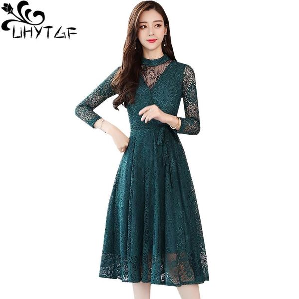 

uhytgf new lace splice hollow boho dress fashion long sleeve lace-up slim autumn dresses long party dress for women vestidos 281, Black;gray