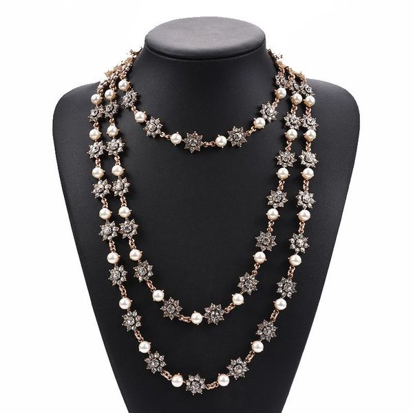 

chains vintage gold color layered chain simulated pearl statement necklace long crystal pendant necklaces elegant wedding jewelry, Silver