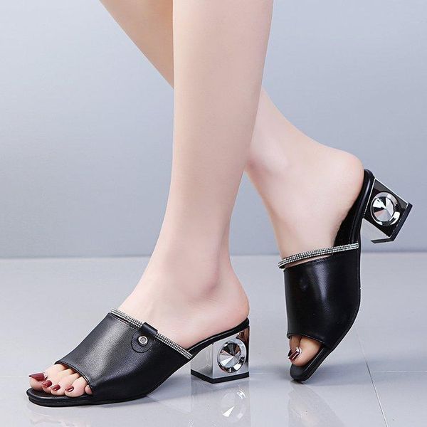 

slippers summer women's fish mouth mid heel sandals woman flip flops heels ladies, Black