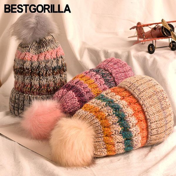 

2021 fashion warm winter hats women thick skullies female rochet hairball striped knitting hats casual beanies, Blue;gray