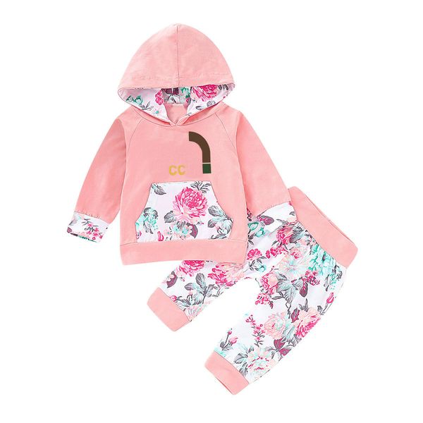 

baby girls letter set infant girls solid long sleeve hoodie kids casual clothes 100% cotton toddler outfits floral pants designer logo size7, White