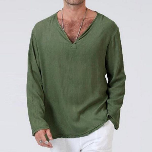 

plus size 3xl tunic mens shirt soft solid color linen basic casual long sleeve v-neck shirts men summer spring loose, White;black