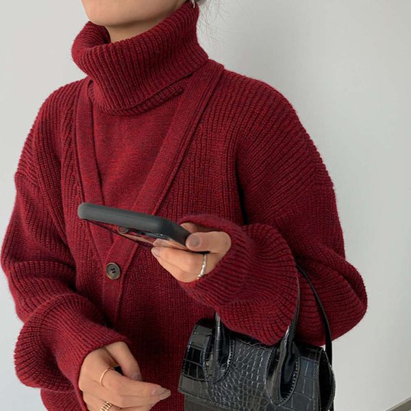 

high collar casual 2-piece pullover women's autumn winter korean v-neck single breasted knitted loose and versatile bottom coat, White;black