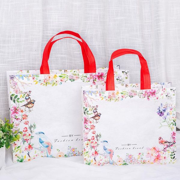 

storage bags 10pcs large foldable shopping bag flower birds non-woven reusable women handbag tote pouches organizer