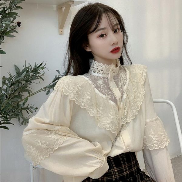 

women's blouses & shirts sweet vintage lace hook flower women blouse autumn stand collar long sleeve design fashion tide single breaste, White