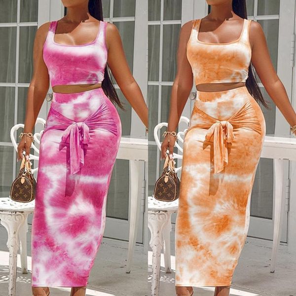 

women's tie-dye 2pieces sets summer boho casual sleeveless bloom crop party beach sets, Gray