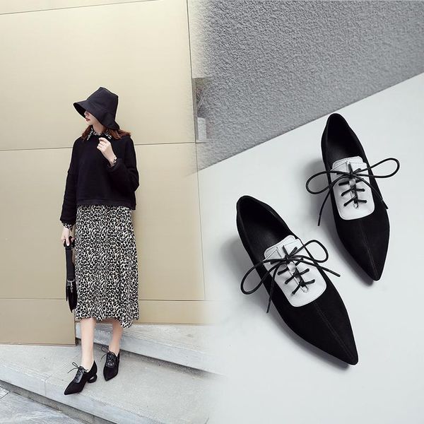 

dress shoes women pumps genuine leather 22-25cm sheep suede stitching korean pointed toe fashion simple color matching, Black