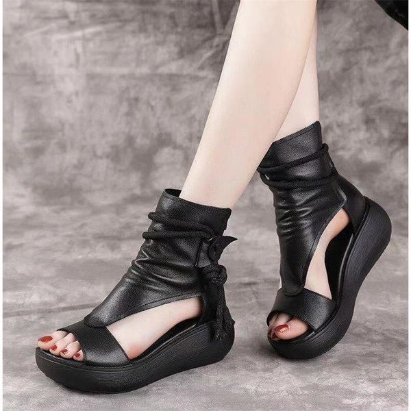 Sandalen 2021Women Sommer Mid Heels Wedges Schuhe Damen Vintage PU Leder Plus Size Sandalias Mujer Sapato Feminino