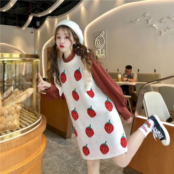 

[two-piece suit] japanese lazy style strawberry knitted dress + simple female shirt student spring and tender autumn tide ip9e, Black;gray