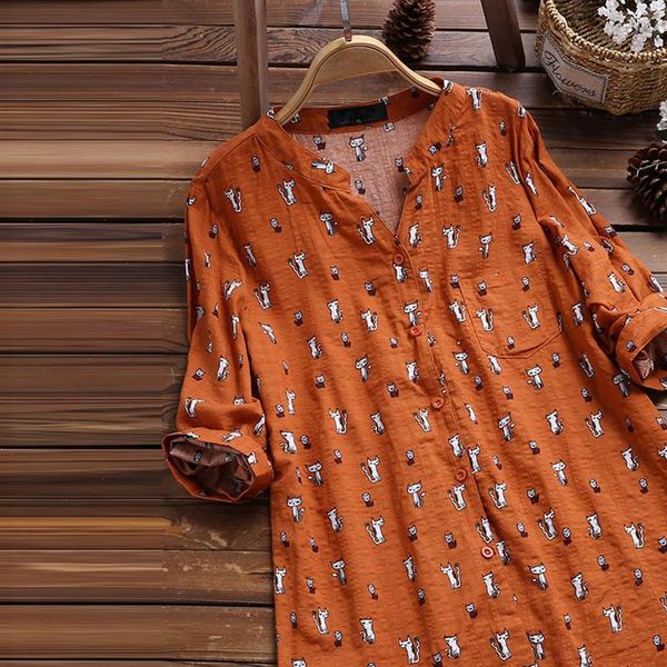 

plus size womens vintage blouse casual v neck cat printed 3 4 sleeve irregular shirts blouse with pocket ladies blouses, White