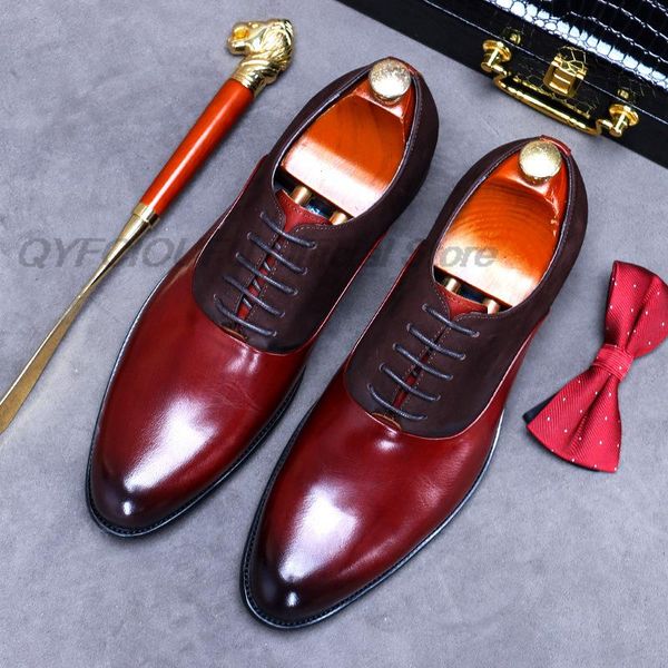 Mens de luxo vestido sapatos de couro genuíno camurça emenda borgonha negra lace up homens oxfords casamento festa casual business calçado