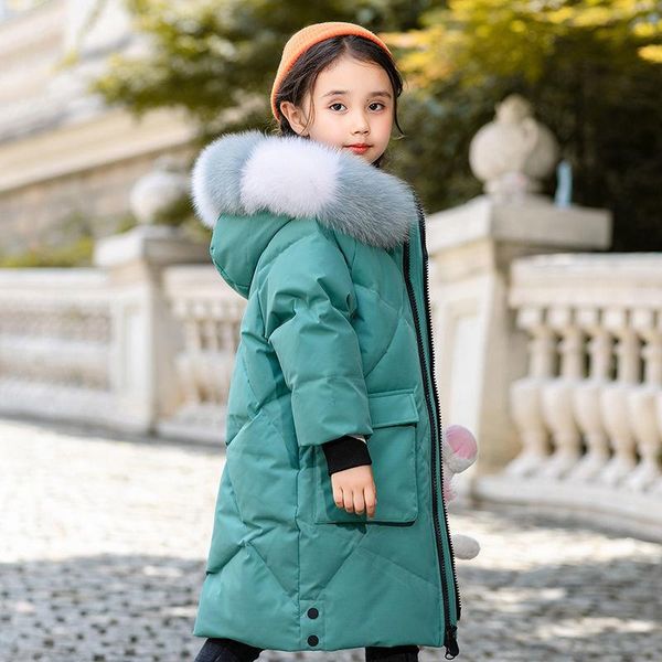 

down coat girl clothing winter jacket kids 2021 fashion cotton-padded clothes children length thicken parka overcoat faux fur -30, Blue;gray
