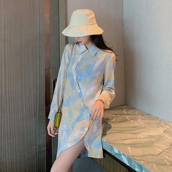 

casual dresses asymmetricall turn-down collar mini-dress fashion brand tie dyeing long sleeve vestidos spring fall women's clothing, Black;gray