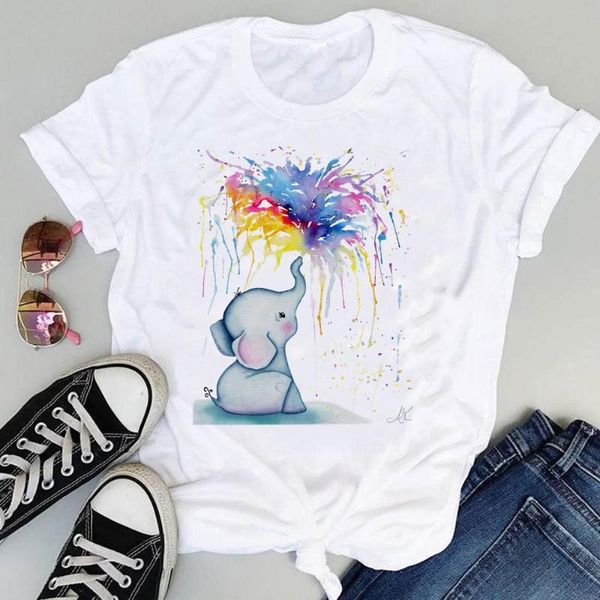 

women's t-shirt women cartoon elephant watercolor fashion cute print graphic summer short sleeve female clothes tees tshirt, White