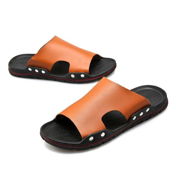 

slippers men outdoor comfortable leather home shoes black brown genuine house