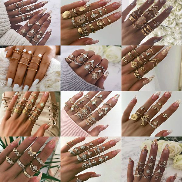 

Bohemian Ring Vintage Silver Color Rings Set for Women Clear Crystal Stone Hollow Heart Geometric Wedding Diamond Jewelry Gifts