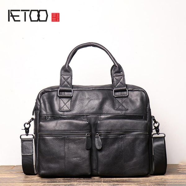 

HBP AETOO Men's Leather High-capacity Portable Briefcase, Matte Skin Shoulder-to-shoulder Cross Bag, 14-inch Computer Bag., Black