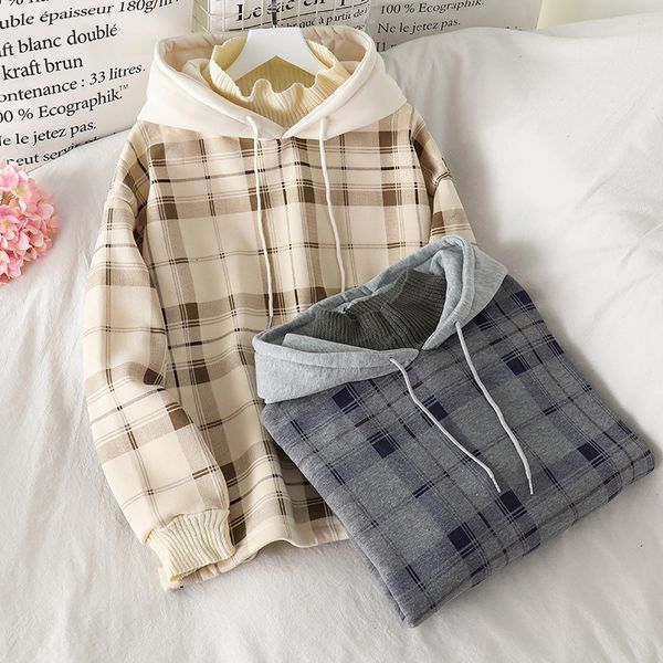 

2021 new women fleece hoodies winter plaid pirnted cotton sweatshirt casual hooded pullover oversize jacket 5wl0, Black