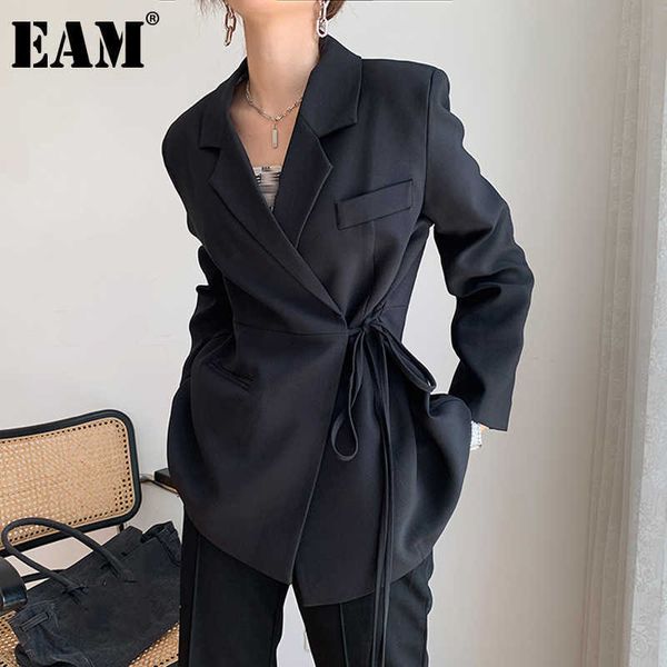 

[eam] women irregular bandage big size blazer lapel long sleeve loose fit jacket fashion spring autumn 1db323 210930, White;black