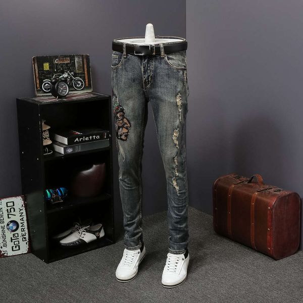 

new indian embroidered jeans men's spring and summer personalized stretch pantswinter, Blue