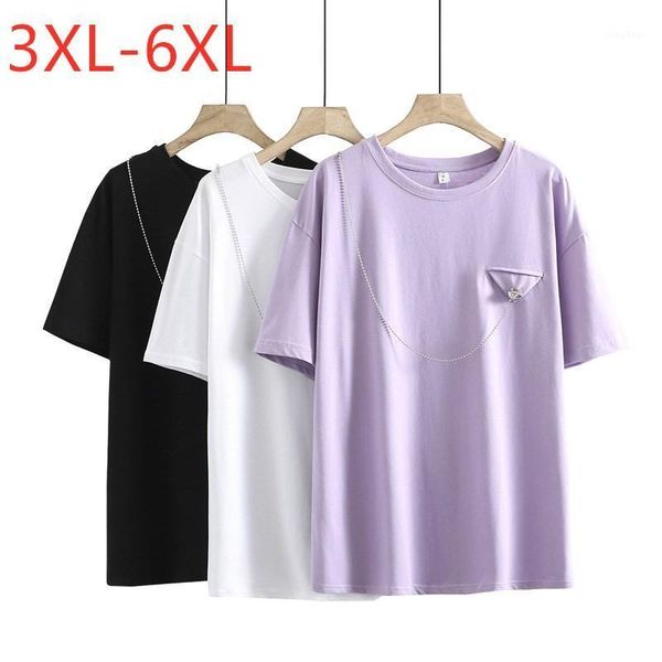 

plus size t-shirt 2021 ladies summer for women large short sleeve loose cotton purple chain o-neck 3xl 4xl 5xl 6xl, Black