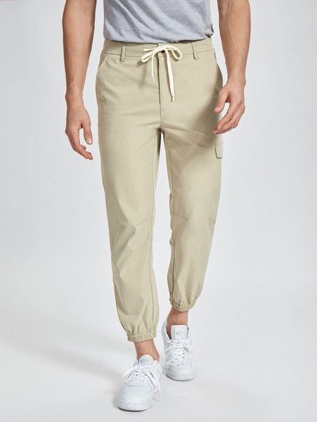 

men drawstring waist flap detail pants m1el#, Black