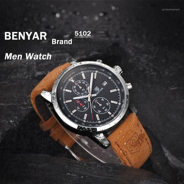 

wristwatches benyar male watch sports reloj de pulsera resistente al agua business casual style men chronograph+boxs, Slivery;brown
