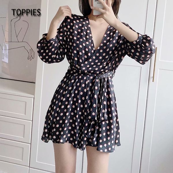 

new 2021 polka dot jumpsuits women long sleeve v-neck playsuits lace-up waist female overalls npsz, White