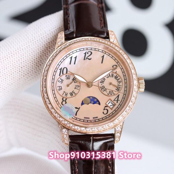 

wristwatches women automatic mechanical sapphire watch rose gold stainless steel moon phase female white mother of pearl dial 35mm, Slivery;brown