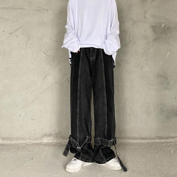 

men's jeans black vintage fashion wide leg pants loose with bottom strap long trousers male, Blue