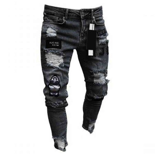 

men's jeans mens skinny jeans casual biker denim ripped hiphop pants washed patched damaged jean slim fit streetwear dird, Blue