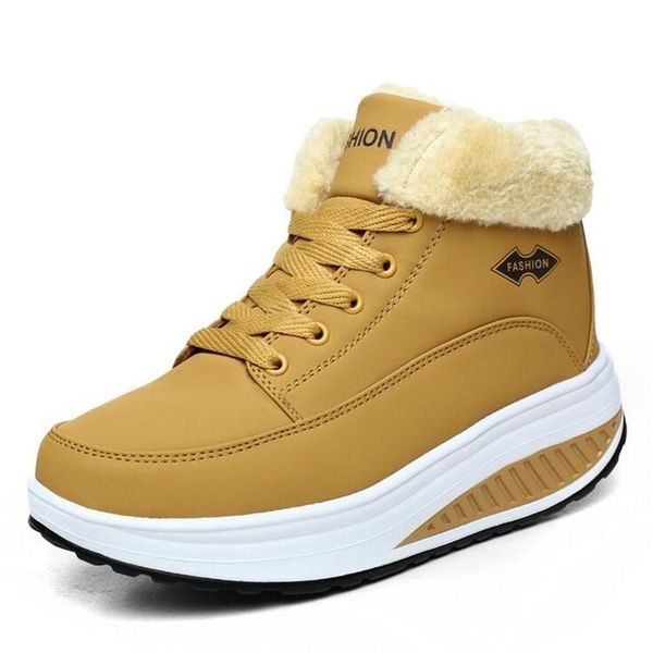 

boots women sneakers with fur casual shoes lace up ladies pu lather height increased spring autumn wedge, Black