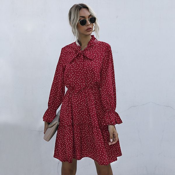 

2021 vintage dot print casual bow collar high waist slim butterfly sleeve autumn winter for women new fashion x5py, Black;gray