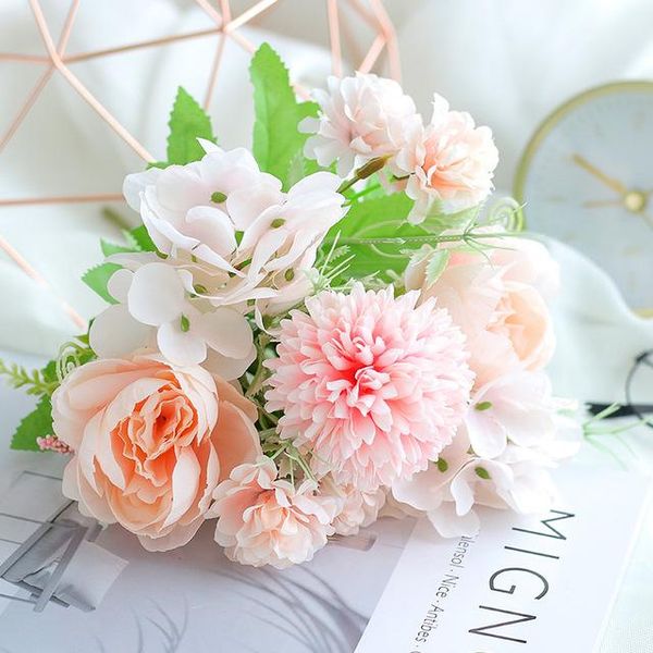 

decorative flowers & wreaths 9 heads rose artificial pink silk hydrangeas wedding for bride hand blooming peony fake home decor