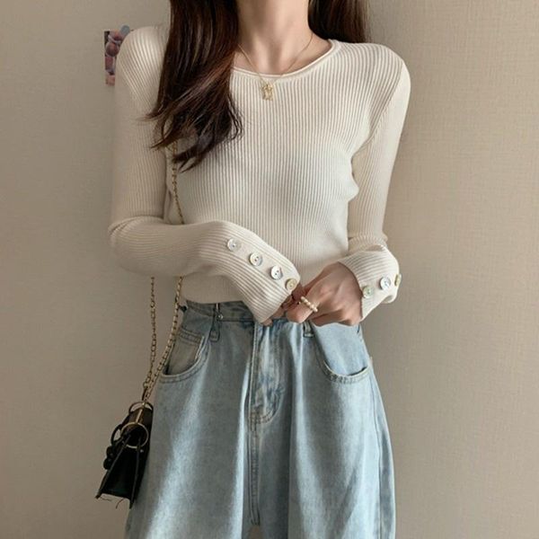 

women's t-shirt autumn and winter 2021 slim fitting round neck white sweater bottomed shirt inner layer with foreign style long