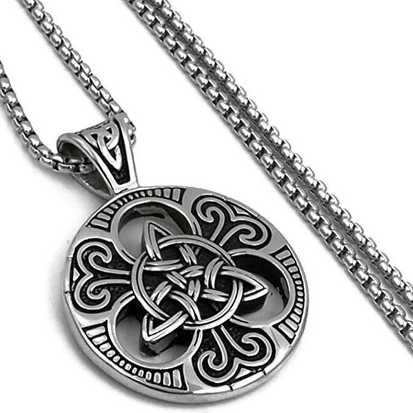 

ready to ship retail celtic knot magic both sided pendant necklace men's stainless steel box chain jewelry, Silver