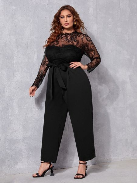 

plus eyelash lace panel belted jumpsuit m1qd#, Black