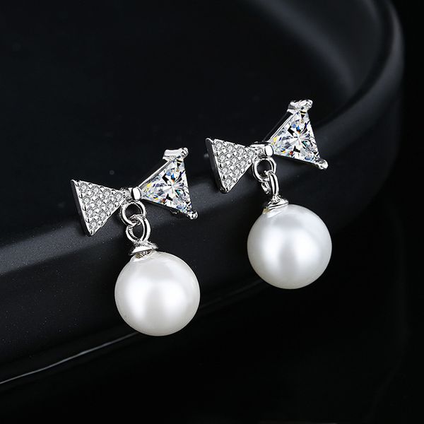 

female bow s925 sterling silver zircon earrings pearl earrings japanese and korean fashion jewelry small skirt beaded earrings
