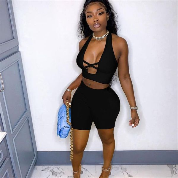 

summer streetwear bodycon two piece women tracksuits sets outfits backless sleeveless hollow out halter crop biker shorts suits, Gray