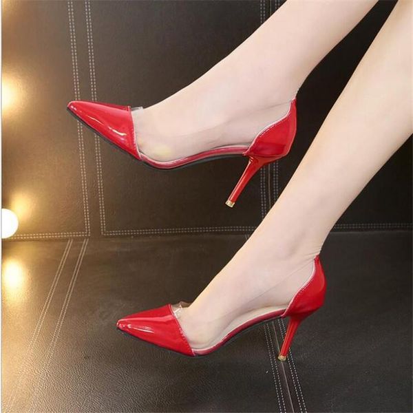 

dress shoes 2021 latest fashion women thin high heels exclusive leather and pvc pointed toe pumps 8cm size 34-39, Black