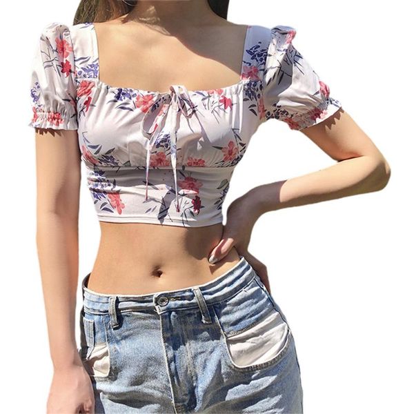 

women's t-shirt women fashion floral print t shirt summer short sleeve square collar exposed umbilicus for ladies, White