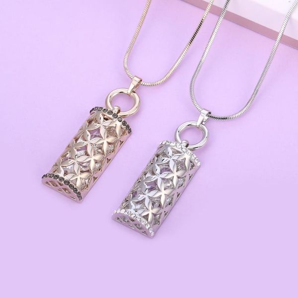 

pendant necklaces women sweater chains geometry crystal fashion unique hollow flower half cylinder necklace jewelry for party gift, Silver
