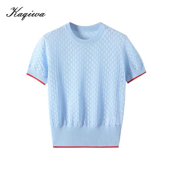 

women's t-shirt 2021 summer women hollow out argyle plaid t-shirts o-neck knit tees short sleeve casual streetwear clothes for female d, White