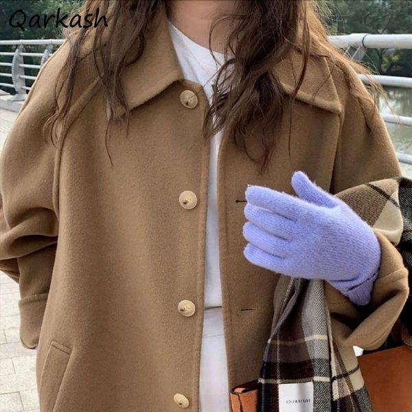 

women's wool & blends women korean style single breasted all-match clothing chic casual thicker warm cozy winter ulzzang elegant loose, Black