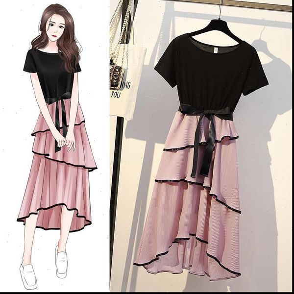 

a line ruffles patchwork women dress big size 2xl casual short sleeve cute summer dress plus size long dress elegant, Black;gray