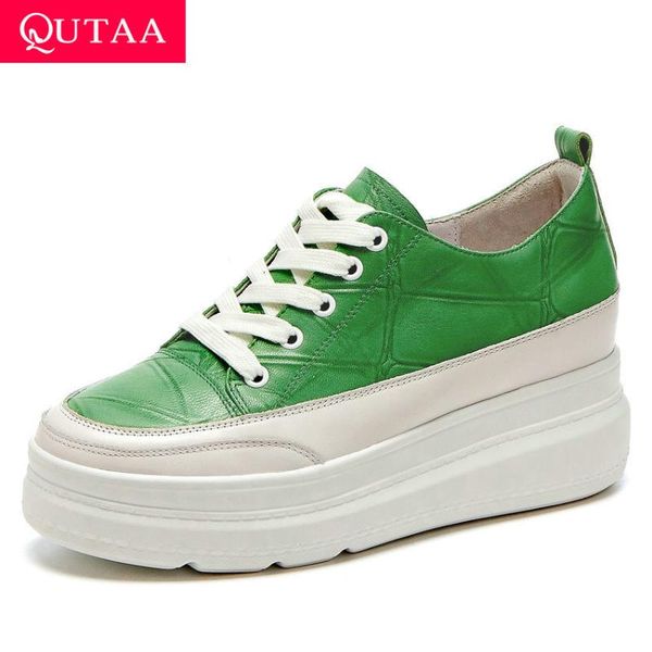 

dress shoes qutaa 2021 sheepskin cow leather soft women platform lace up ladies pumps casual round toe wedges single size 34-39, Black