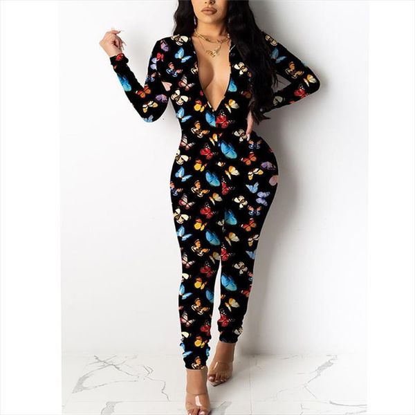 

zipper trousers autumn spring long women romper sleeves butterfly pattern casual bodycon rompers female pants playsuit, Black;white