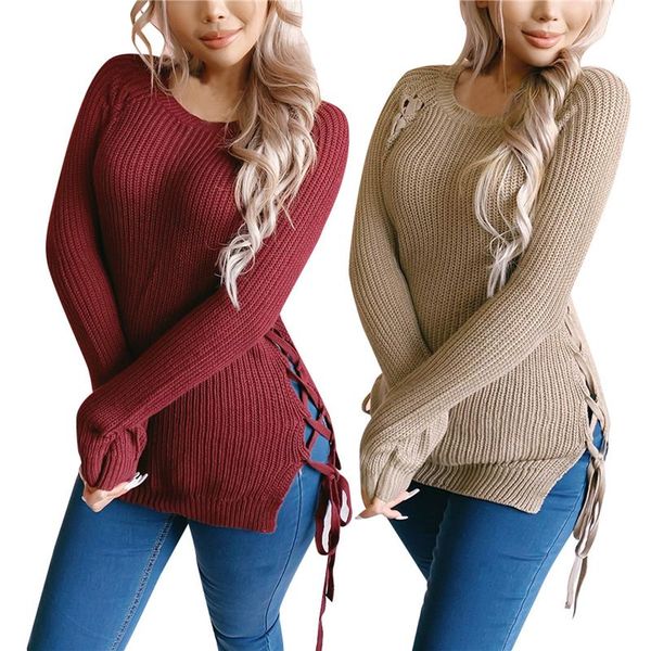 

2021 new spring fall women's lace up sweaters casual long sleeve cable knit round neck slim fit jumper, White;black